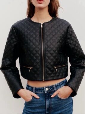NWOT ZARA, Faux Leather Quilted Bomber Jacket, XL in Black